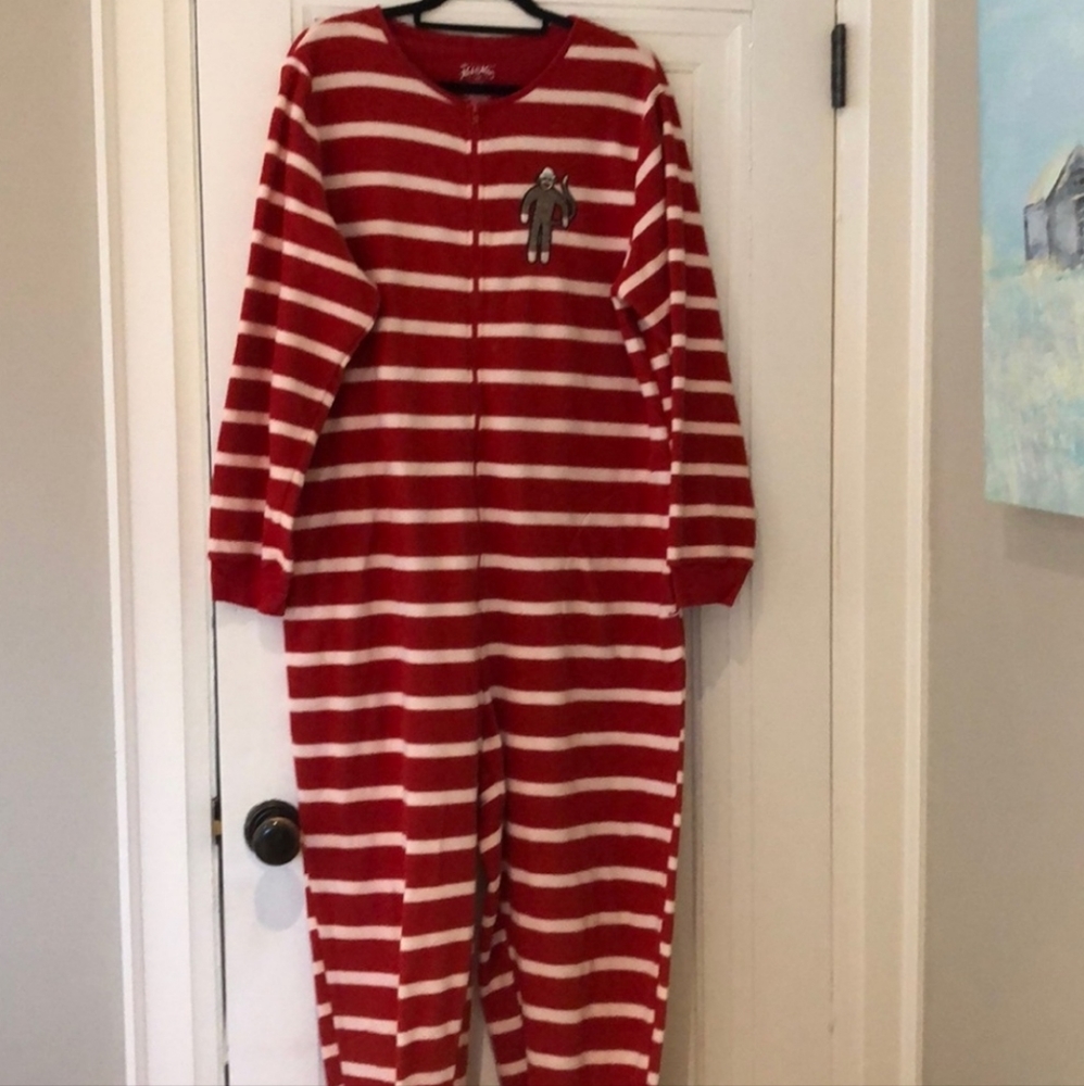 Adult Onsie - Nick & Nora Red and White Onsie with Monkey Feet